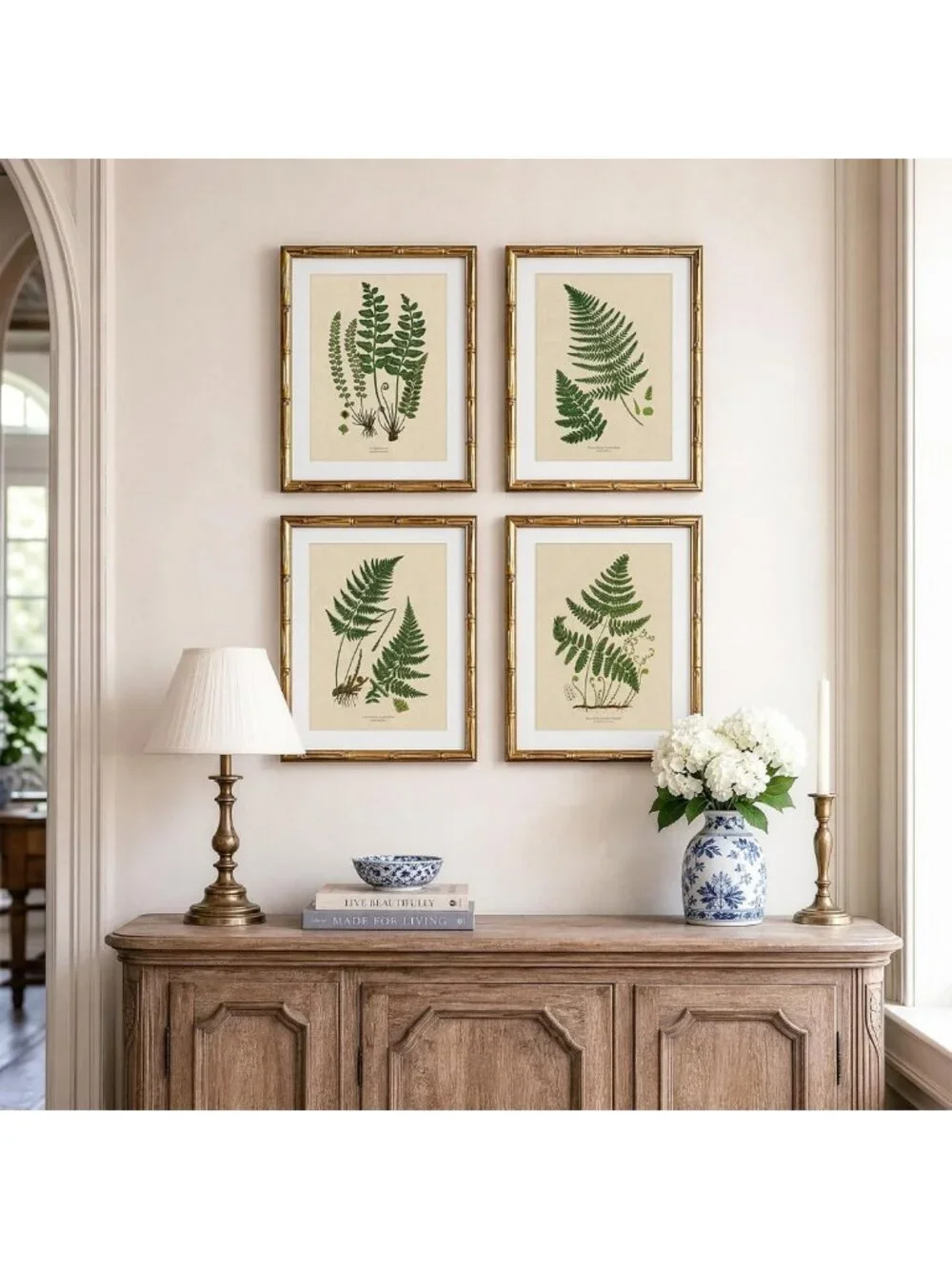 Vintage Botanical Wall Art Set - 4pcs Bamboo Framed Fern Prints, 11x14